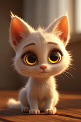 Fluffy White Kitten with Big Golden Eyes, 3D Cute Cat Sitting on Warm Wooden Floor in Soft Sunlight Glow