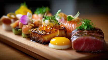 Seared fish and seafood appetizer with egg yolk and fresh herbs on wooden board, vibrant and delicious gourmet dish