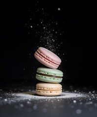 Colorful Macarons Stacked with Dusting of Powder on Dark Background