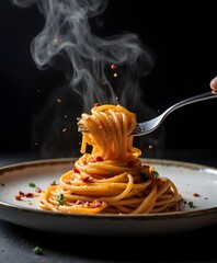 Delicious Spaghetti with Steam Rising and Herbs on Plate Against Dark Background