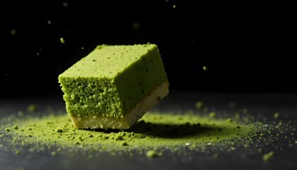 Green Matcha Dessert Square Floating in Air Surrounded by Matcha Powder