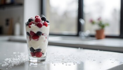 Fresh Berry Parfait in Glass with Yogurt and Fruit on a Kitchen Counter