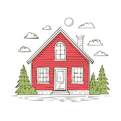 Red House in the Countryside with Trees Clouds and a Sun Illustration