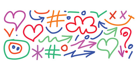 Colorful doodle pattern with hearts arrows and abstract shapes on a white background