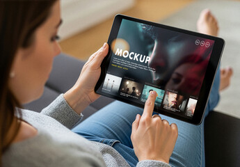 Mockup of woman using tablet indoors in living room