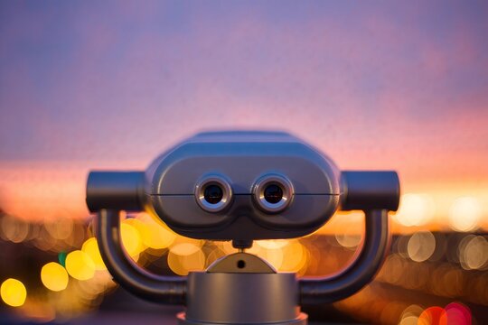 Viewfinder Perspective of City Lights at Dusk through Binoculars