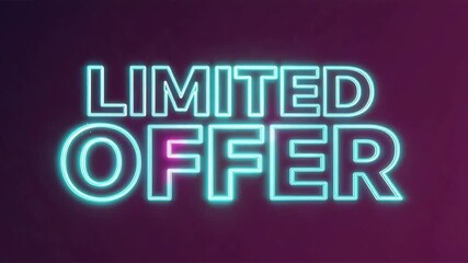 Neon LIMITED OFFER headline glowing cyan and magenta on dark purple gradient, subtle glitch jitter and scanline shimmer across the letters, energetic promo banner for sales. - Powered by Adobe