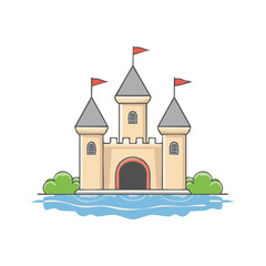 Naklejka premium Charming cartoon castle illustration with three towers red flags and a surrounding moat
