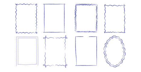 Collection of hand drawn blue frames and borders for decoration and design projects