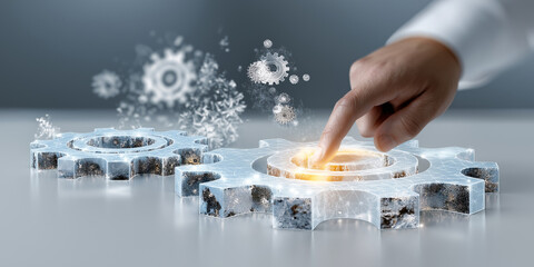 Hand interacts with digital gears, symbolizing technology and innovation. holographic gears represent futuristic concepts and integration of digital solutions in business processes