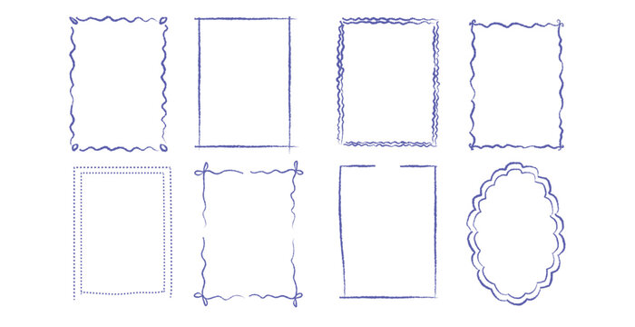 Collection of hand drawn blue frames and borders for decoration and design projects