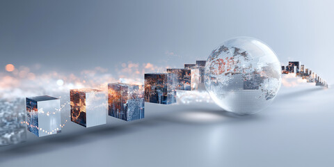 Futuristic digital landscape with transparent globe and floating cubes representing global connectivity and technology. scene conveys innovation and modern enterprise solutions