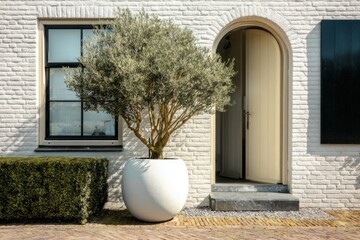 Modern design home entrance featuring an olive tree in a sleek pot, surrounded by well-maintained landscaping in a sunny environment