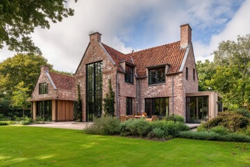 Obraz premium Elegant modern brick house surrounded by lush greenery in a serene garden setting during a clear day with blue sky and fluffy clouds