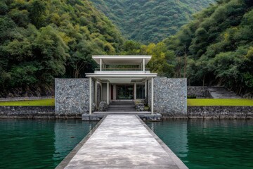 Modern architectural design blends with nature at a serene lakeside location surrounded by lush hills and calm waters offering a peaceful retreat