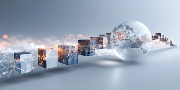 Futuristic digital landscape with transparent globe and floating cubes representing global connectivity and technology. scene conveys innovation and modern enterprise solutions