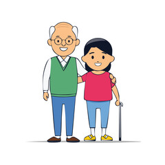 Elderly Man and Woman Cartoon Vector Illustration With Walking Stick
