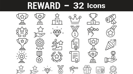 A clean line-style web icon set featuring gift, trophy, badge, reward program, medal, bonus, and other reward-related minimalist icons. Uniform stroke, simple design, fully editable.