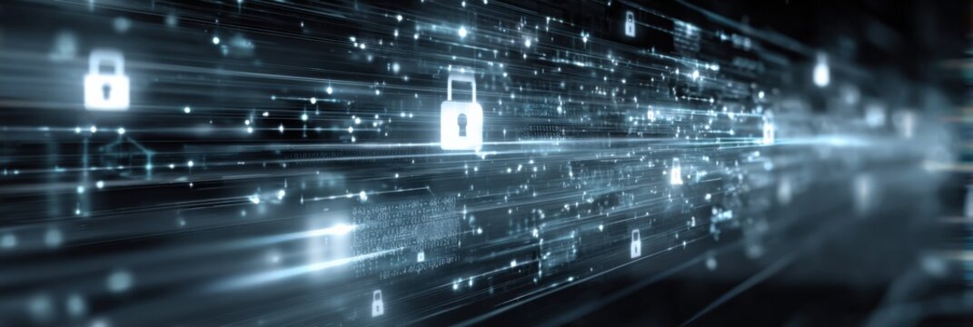 Futuristic digital security locks in a virtual network landscape