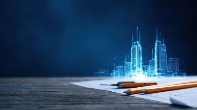 economic growth industry policy. Architectural design with blueprints and pencils overlaid with a cityscape illustration.