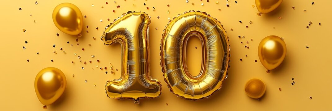 Elegant Tenth Year Anniversary Celebration with Gold Balloons and Glittering Foil Number Decor
