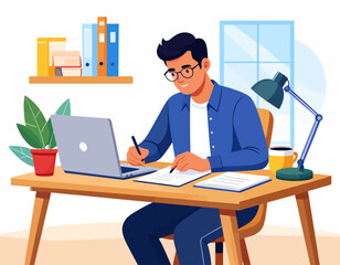 Illustration of a man working at a desk with a laptop, writing on paper, with a lamp, coffee, plant, and bookshelf in the background.