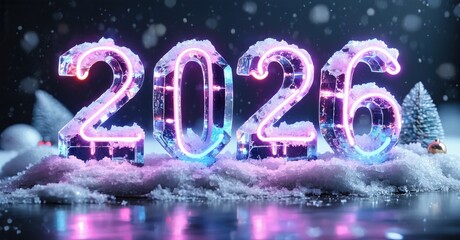 Frozen numerals display year 2026. Snow covers surface, illuminated by vibrant pink, blue light. Festive winter scene.