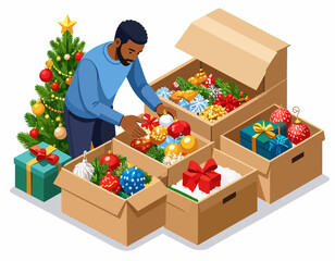 Man packing Christmas ornaments and decorations into cardboard boxes near a decorated Christmas tree, preparing for storage.