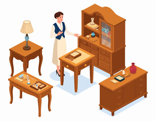 Isometric illustration of a woman standing near antique wooden furniture, including tables, a cabinet, and a dresser, displayed on a white background.
