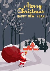 Retro poster Santa Claus with big sack of gifts delivery gifts. Night winter landscape village