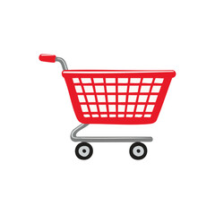 Red metal shopping cart with wire basket and gray wheels for grocery store purchases