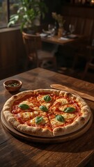 Vertical banner, wallpaper for social media of Ultra-realistic photo of a Margherita pizza on a dark brown wooden table, warm natural light from the left, cozy restaurant ambiance. Melted mozzarella