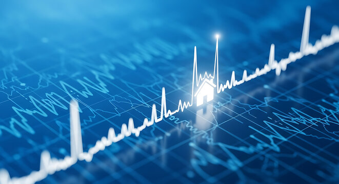A bright white line graph on a blue background with a house shape in the middle of the graph line