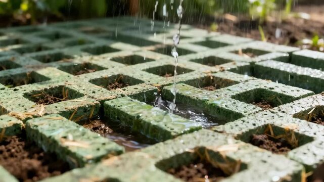 Medium shot of ecobricks being installed to create a permeable pavement allowing rainwater to naturally absorb into the ground