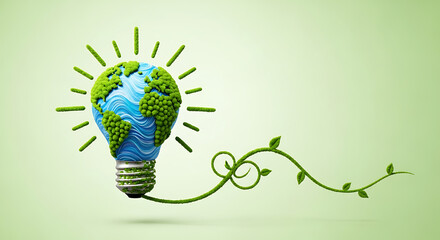 A light bulb shaped like earth with green vegetation and a vine on a light green background