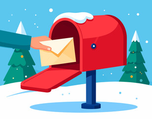 A hand is placing a letter into a red mailbox covered in snow, set against a snowy winter landscape with Christmas trees.