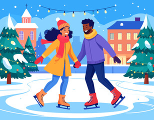 A couple ice skating together on an outdoor rink in a festive winter scene with snow, buildings, and Christmas trees.