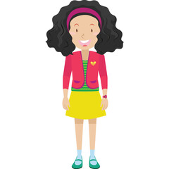 Young Girl With Curly Black Hair Wearing A Yellow Skirt And Pink Jacket Smiling Happily On A Transparent Background