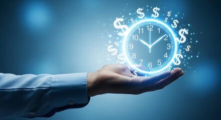 A hand holding a glowing clock surrounded by dollar signs on a blue gradient background image concept