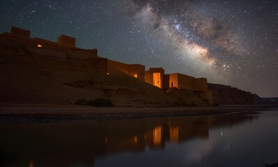 Fototapeta premium Milky Way Over Ancient Riverside Town at Night – Starry Sky, Reflections, Long Exposure Landscape Photography