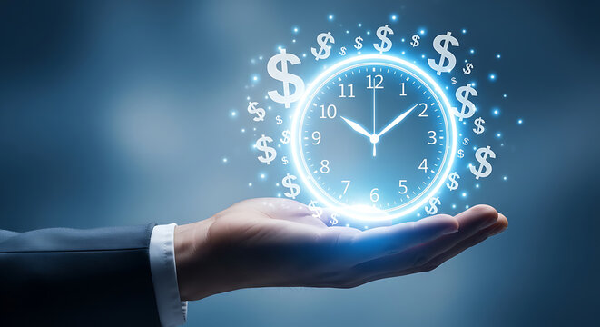 A glowing clock surrounded by dollar signs held in a hand against a blue gradient background