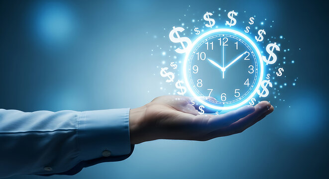 A hand holding a glowing clock surrounded by dollar signs on a blue gradient background image concept
