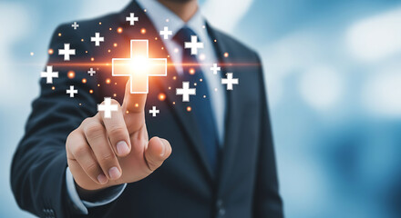 Man in suit touching glowing plus sign icon with finger on blue bokeh background for health concept