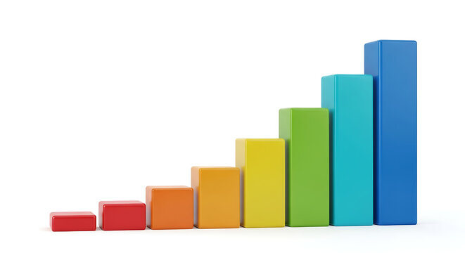 A colorful bar graph made of blocks showing an upward trend on a clean white background image