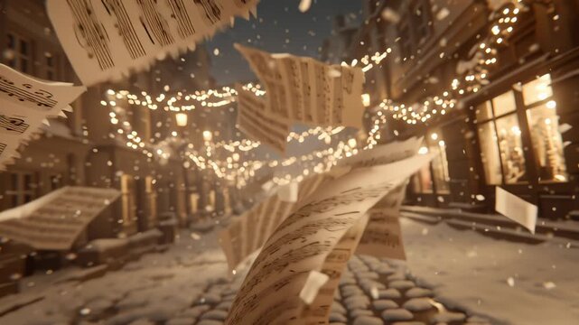 Christmas carol sheets float through a snowy street adorned with festive lights in a charming old town