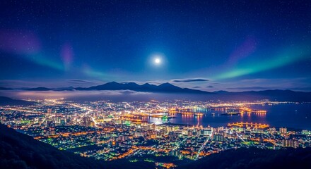 幻想的な夜景 月とオーロラが照らす海岸沿いの都市のイルミネーション