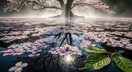霧と光に包まれた桜の巨木と水面に浮かぶ花びらの神秘的な春の幻想アート