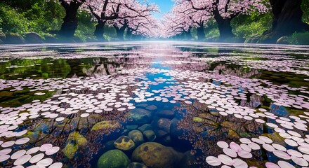 日本の春の風景 川辺の桜並木と水面に浮かぶ桜の花びらが美しいアート
