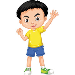 Young Asian Boy in Yellow T Shirt Blue Shorts Waving Hello With Happy Expression and Transparent Background Vector Illustration