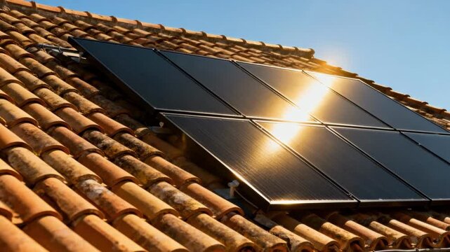 Addon solar panel tiles installed on a traditional roof capturing sunlight efficiently under clear skies.